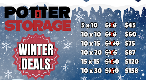 Winter deals flyer for Potter Storage in Morton, Illinois highlighting self-storage pricing.
